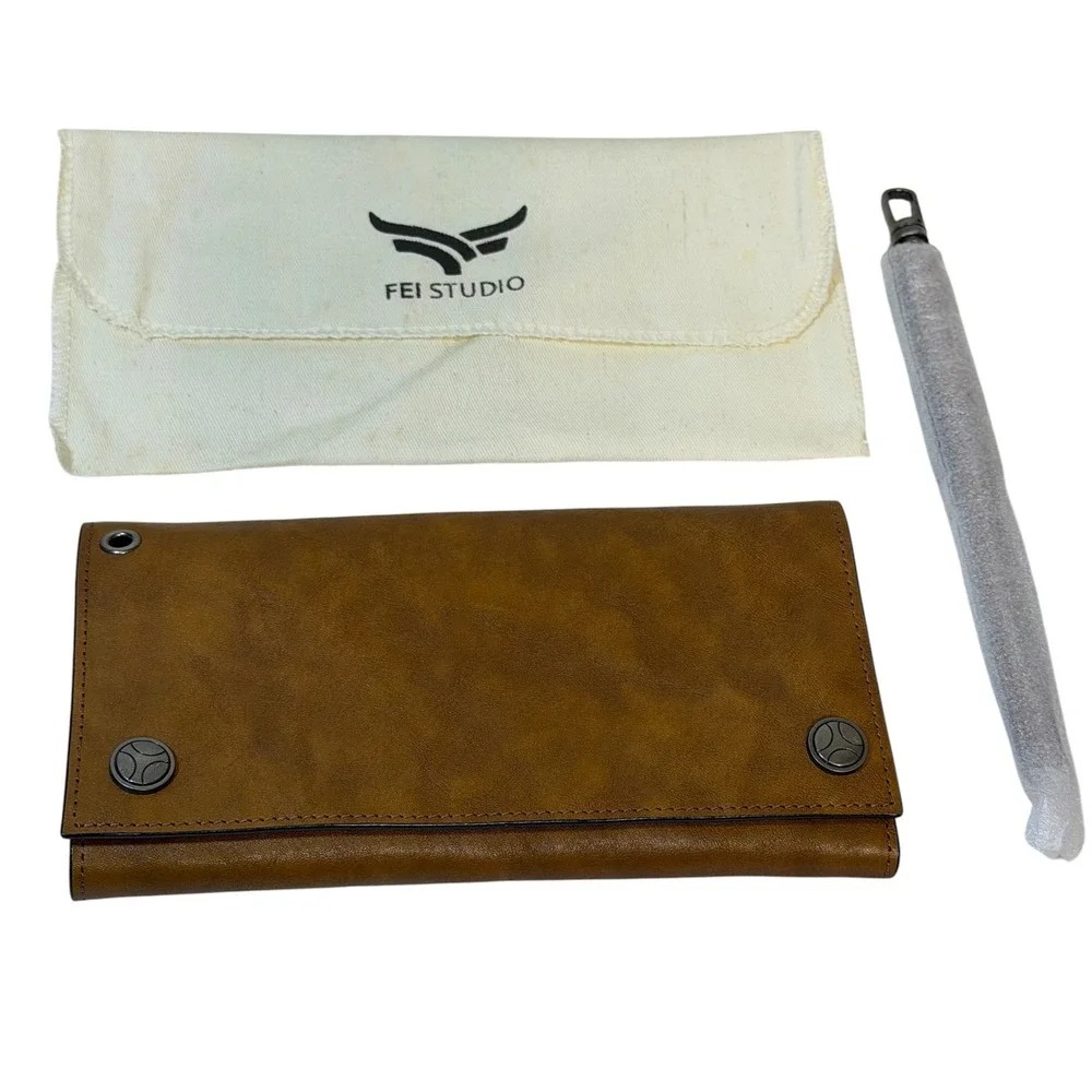 FEI Studio Brown Italian Cowhide Leather Long Bifold Snap Wallet with Dust Bag
